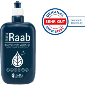 Butelka Uniwersalnego koncentratu Hans Raab Płynu pielęgnacyjnego Ha-Ra z certyfikatem DERMATEST na białym tle – naturalny, dermatologicznie testowany środek czystości o cytrynowym zapachu, w butelce z kroplomierzem, idealny do domu, biura i przemysłu.